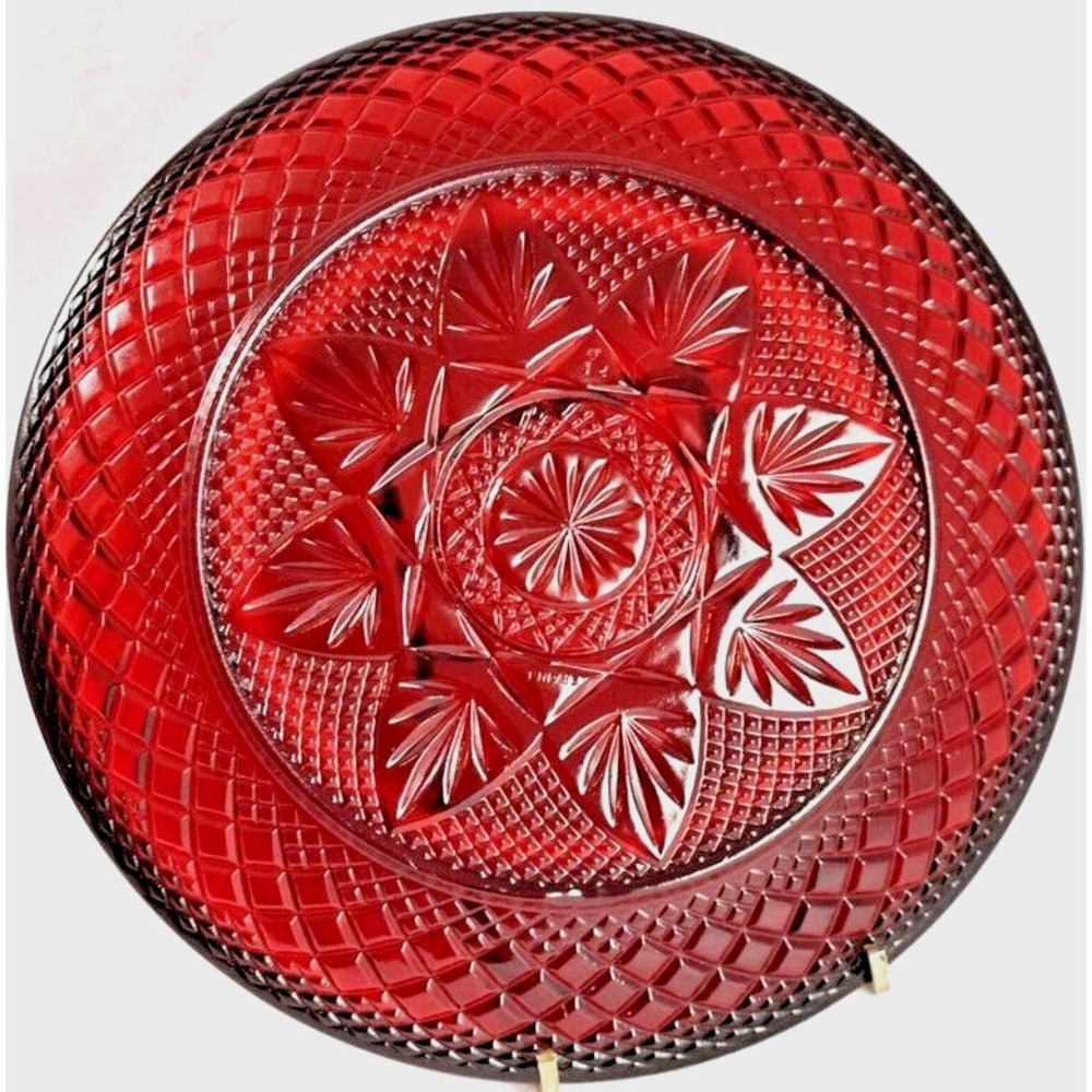 Cristal D'Arques France - Vintage Lot - 4 Pressed Glass 8" Salad Ruby Red Plates